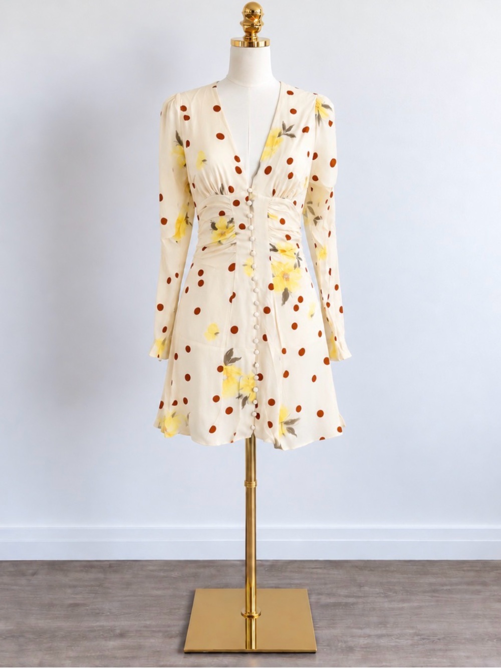 Free People Cream Mini Dress with Brown Polka Dots & Yellow Florals